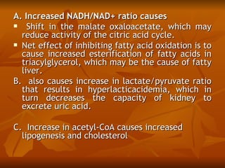 A. Increased NADH/NAD+ ratio causes
   Shift in the malate oxaloacetate, which may
  reduce activity of the citric acid cycle. 
 Net effect of inhibiting fatty acid oxidation is to
  cause increased esterification of fatty acids in
  triacylglycerol, which may be the cause of fatty
  liver. 
B. also causes increase in lactate/pyruvate ratio
  that results in hyperlacticacidemia, which in
  turn decreases the capacity of kidney to
  excrete uric acid.
 
C. Increase in acetyl-CoA causes increased
  lipogenesis and cholesterol
 