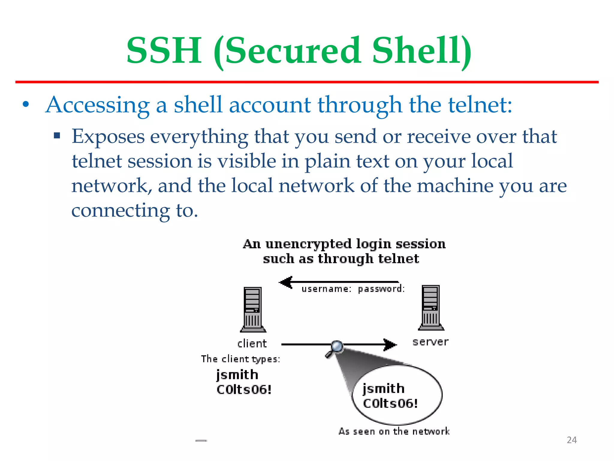 SSH (Secured Shell)
• Accessing a shell account through the telnet:
 Exposes everything that you send or receive over that
telnet session is visible in plain text on your local
network, and the local network of the machine you are
connecting to.
24
 