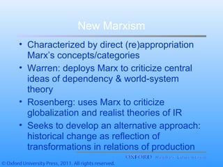 New Marxism
• Characterized by direct (re)appropriation
Marx’s concepts/categories
• Warren: deploys Marx to criticize central
ideas of dependency & world-system
theory
• Rosenberg: uses Marx to criticize
globalization and realist theories of IR
• Seeks to develop an alternative approach:
historical change as reflection of
transformations in relations of production