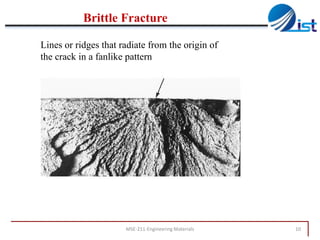 Brittle Fracture
Lines or ridges that radiate from the origin of
the crack in a fanlike pattern

MSE-211-Engineering Materials

10

 