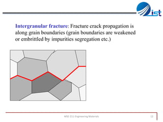 Intergranular fracture: Fracture crack propagation is
along grain boundaries (grain boundaries are weakened
or embrittled by impurities segregation etc.)

MSE-211-Engineering Materials

12

 