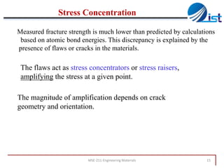 Stress Concentration
Measured fracture strength is much lower than predicted by calculations
based on atomic bond energies. This discrepancy is explained by the
presence of flaws or cracks in the materials.

The flaws act as stress concentrators or stress raisers,
amplifying the stress at a given point.
The magnitude of amplification depends on crack
geometry and orientation.

MSE-211-Engineering Materials

15

 