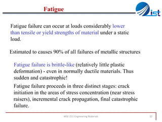 Fatigue
Fatigue failure can occur at loads considerably lower
than tensile or yield strengths of material under a static
load.
Estimated to causes 90% of all failures of metallic structures
Fatigue failure is brittle-like (relatively little plastic
deformation) - even in normally ductile materials. Thus
sudden and catastrophic!
Fatigue failure proceeds in three distinct stages: crack
initiation in the areas of stress concentration (near stress
raisers), incremental crack propagation, final catastrophic
failure.
MSE-211-Engineering Materials

32

 
