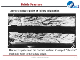 Brittle Fracture
Arrows indicate point at failure origination

Distinctive pattern on the fracture surface: V-shaped “chevron”
markings point to the failure origin.
MSE-211-Engineering Materials

9

 