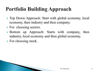  Top Down Approach: Start with global economy, local
economy, then industry and then company.
 For choosing sectors.
 Bottom up Approach: Starts with company, then
industry, local economy and then global economy.
 For choosing stock.
Dr. Ankit Jain 11
 