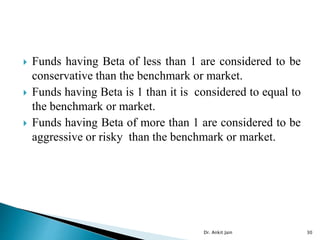  Funds having Beta of less than 1 are considered to be
conservative than the benchmark or market.
 Funds having Beta is 1 than it is considered to equal to
the benchmark or market.
 Funds having Beta of more than 1 are considered to be
aggressive or risky than the benchmark or market.
Dr. Ankit Jain 30
 