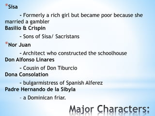 *Sisa 
- Formerly a rich girl but became poor because she 
married a gambler 
Basilio & Crispin 
– Sons of Sisa/ Sacristans 
*Nor Juan 
– Architect who constructed the schoolhouse 
Don Alfonso Linares 
– Cousin of Don Tiburcio 
Dona Consolation 
– bulgarmistress of Spanish Alferez 
Padre Hernando de la Sibyla 
– a Dominican friar. 
 