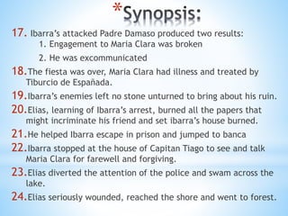 * 
17. Ibarra’s attacked Padre Damaso produced two results: 
1. Engagement to Maria Clara was broken 
2. He was excommunicated 
18.The fiesta was over, Maria Clara had illness and treated by 
Tiburcio de Españada. 
19.Ibarra’s enemies left no stone unturned to bring about his ruin. 
20.Elias, learning of Ibarra’s arrest, burned all the papers that 
might incriminate his friend and set ibarra’s house burned. 
21.He helped Ibarra escape in prison and jumped to banca 
22.Ibarra stopped at the house of Capitan Tiago to see and talk 
Maria Clara for farewell and forgiving. 
23.Elias diverted the attention of the police and swam across the 
lake. 
24.Elias seriously wounded, reached the shore and went to forest. 
 