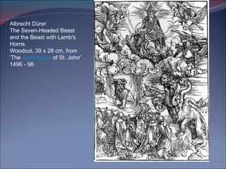 Albrecht Dürer The Seven-Headed Beast and the Beast with Lamb's Horns Woodcut, 39 x 28 cm, from 'The  Apocalypse  of St. John' 1496 - 98 