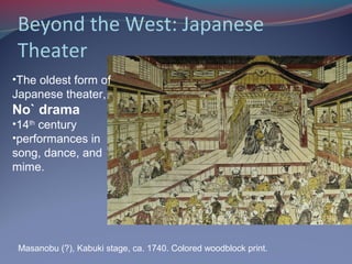 Beyond the West: Japanese
Theater
Masanobu (?), Kabuki stage, ca. 1740. Colored woodblock print.
•The oldest form of
Japanese theater,
No` drama
•14th
century
•performances in
song, dance, and
mime.
 