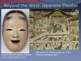 Beyond the West: Japanese Theater
Masanobu (?), Kabuki stage, ca. 1740.
Colored woodblock print.
Ko-omote No mask, Ashikaga
period, fifteenth century. Painted
wood, height approx. 10 in.
 