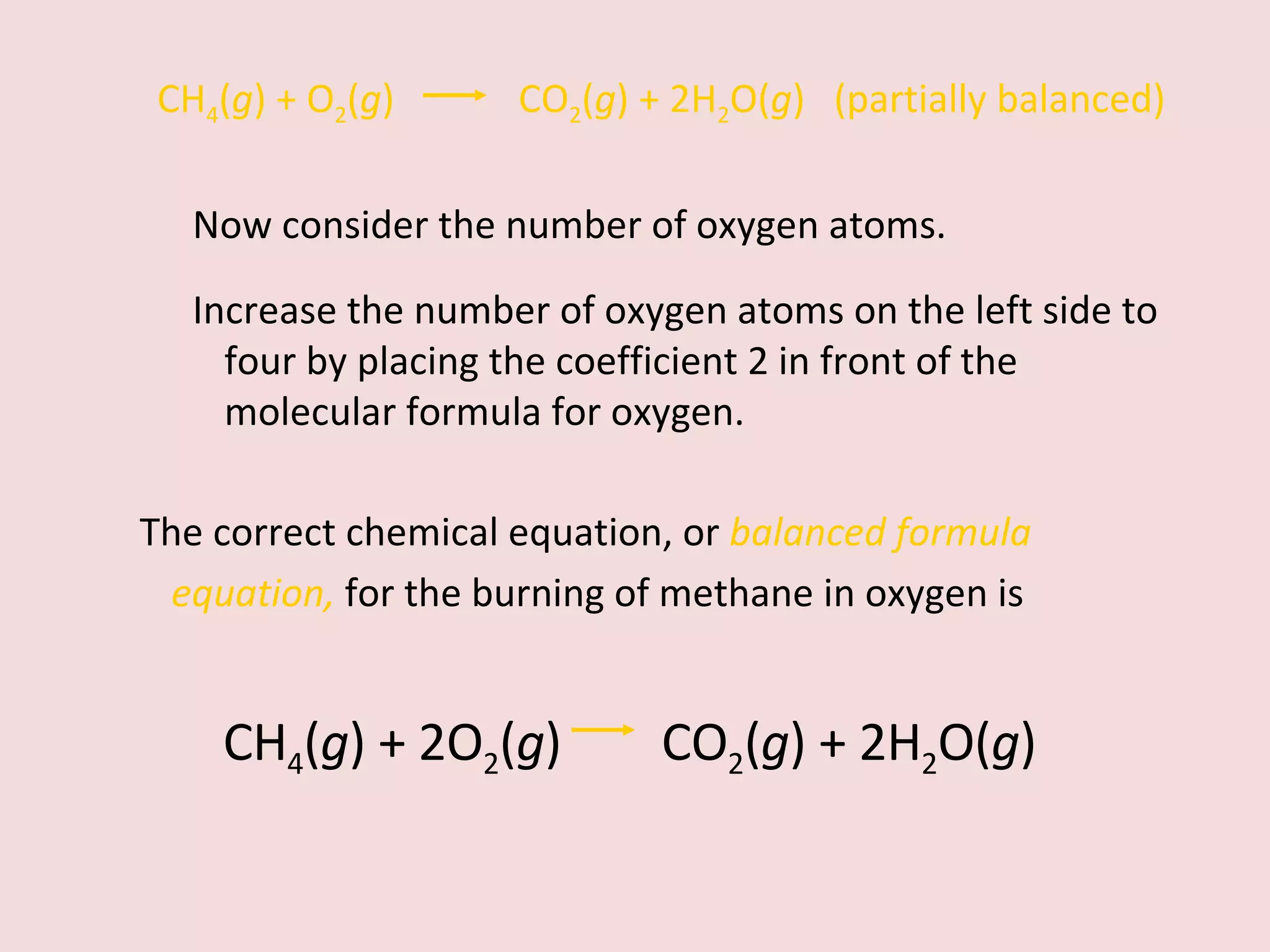 CH 4 ( g ) + O 2 ( g )  CO 2 ( g ) + 2H 2 O( g )  (partially balanced) Now consider the number of oxygen atoms. Increase the number of oxygen atoms on the left side to four by placing the coefficient 2 in front of the molecular formula for oxygen. The correct chemical equation, or  balanced formula equation,   for the burning of methane in oxygen is CH 4 ( g ) + 2O 2 ( g )  CO 2 ( g ) + 2H 2 O( g ) 