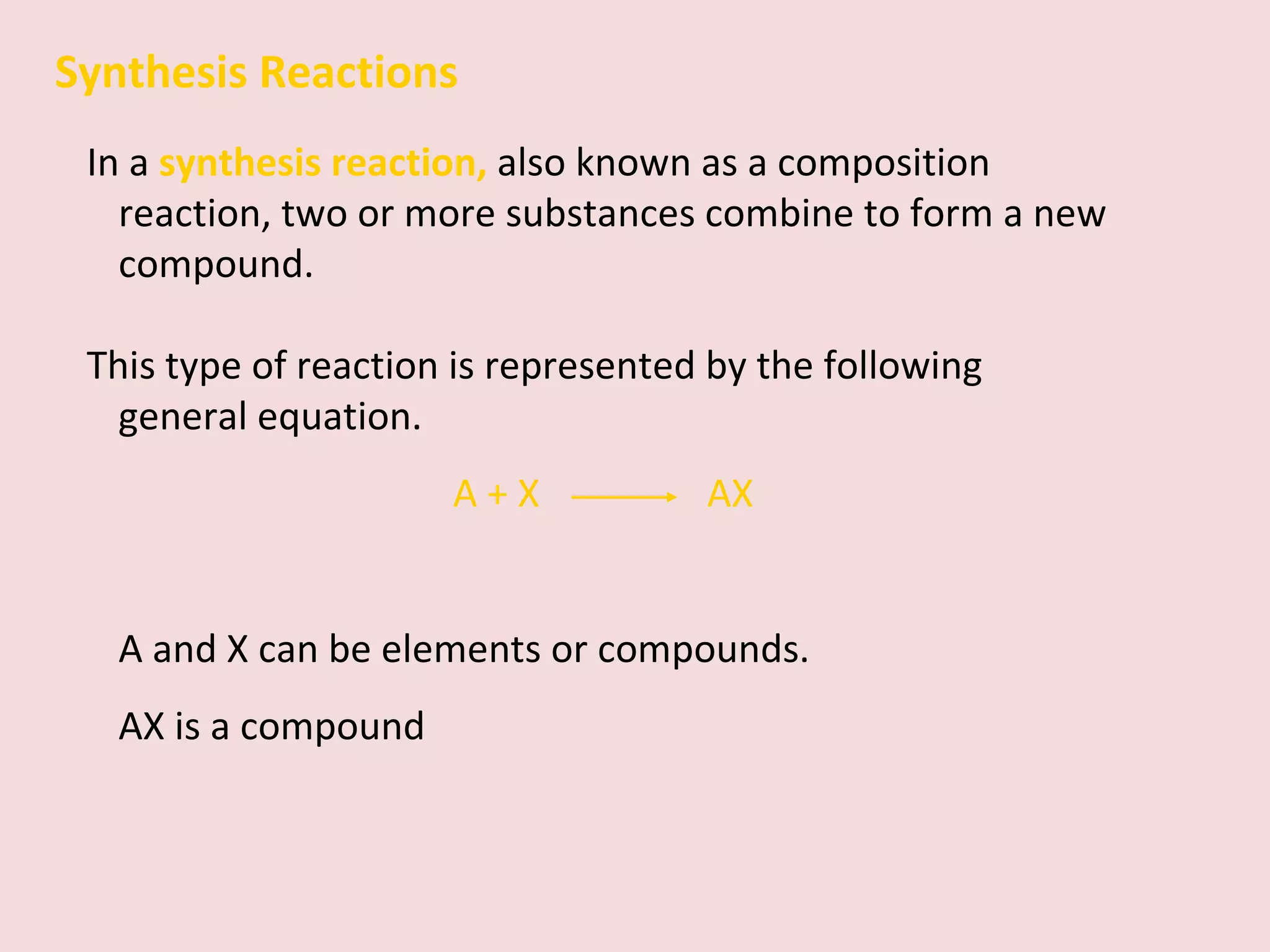 Synthesis Reactions In a  synthesis reaction,   also known as a composition reaction, two or more substances combine to form a new compound. This type of reaction is represented by the following general equation. A + X  AX A and X can be elements or compounds.  AX is a compound 