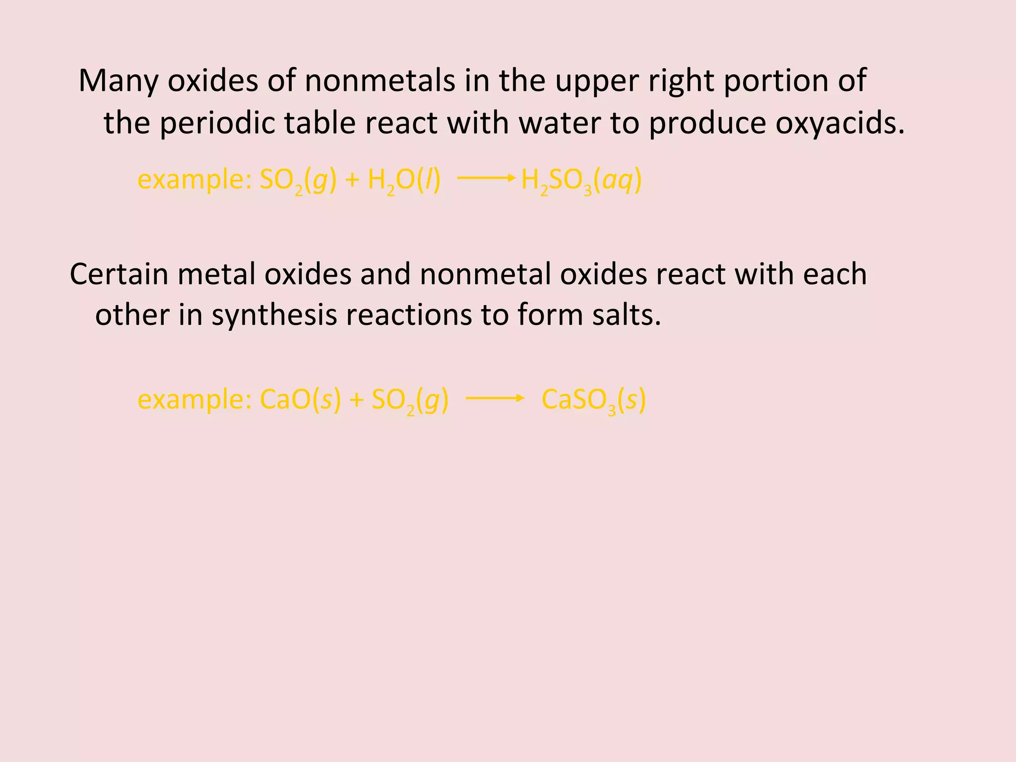 Many oxides of nonmetals in the upper right portion of the periodic table react with water to produce oxyacids. example: SO 2 ( g ) + H 2 O( l )    H 2 SO 3 ( aq ) Certain metal oxides and nonmetal oxides react with each other in synthesis reactions to form salts. example: CaO( s ) + SO 2 ( g )    CaSO 3 ( s ) 