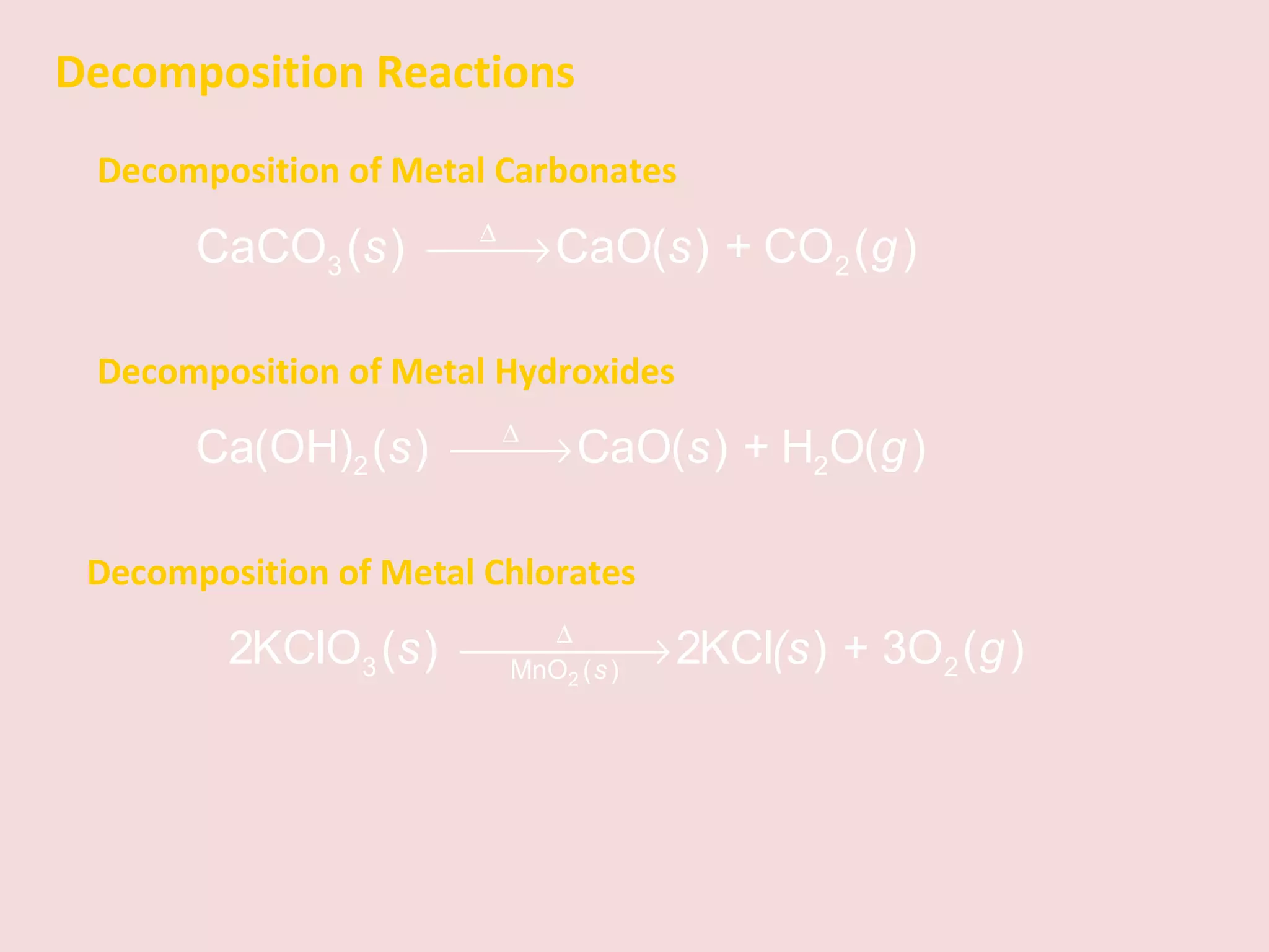 Decomposition Reactions Decomposition of Metal Carbonates Decomposition of Metal Chlorates Decomposition of Metal Hydroxides 