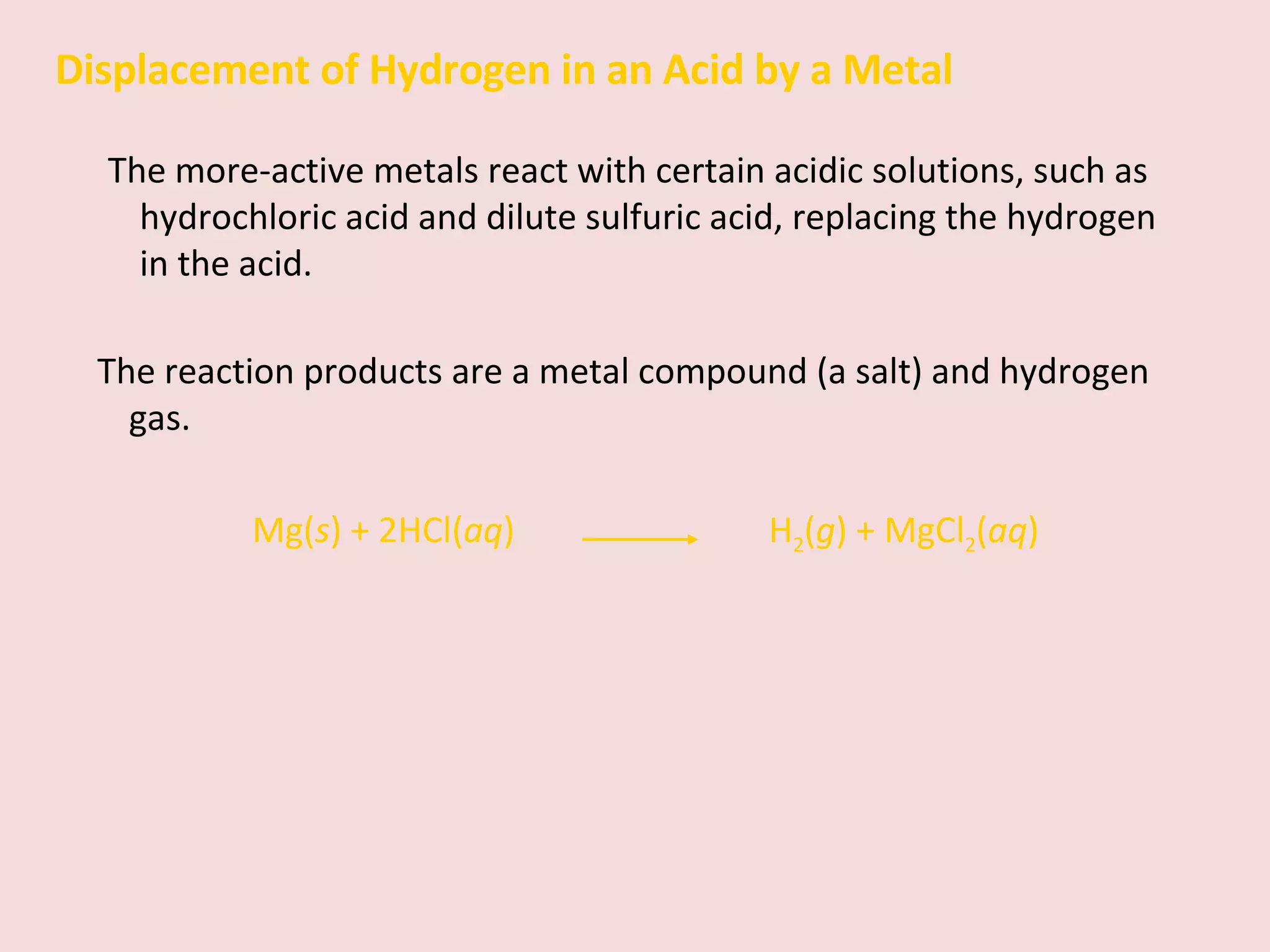Displacement of Hydrogen in an Acid by a Metal The more-active metals react with certain acidic solutions, such as hydrochloric acid and dilute sulfuric acid, replacing the hydrogen in the acid. The reaction products are a metal compound (a salt) and hydrogen gas. Mg( s ) + 2HCl( aq )   H 2 ( g ) + MgCl 2 ( aq ) 