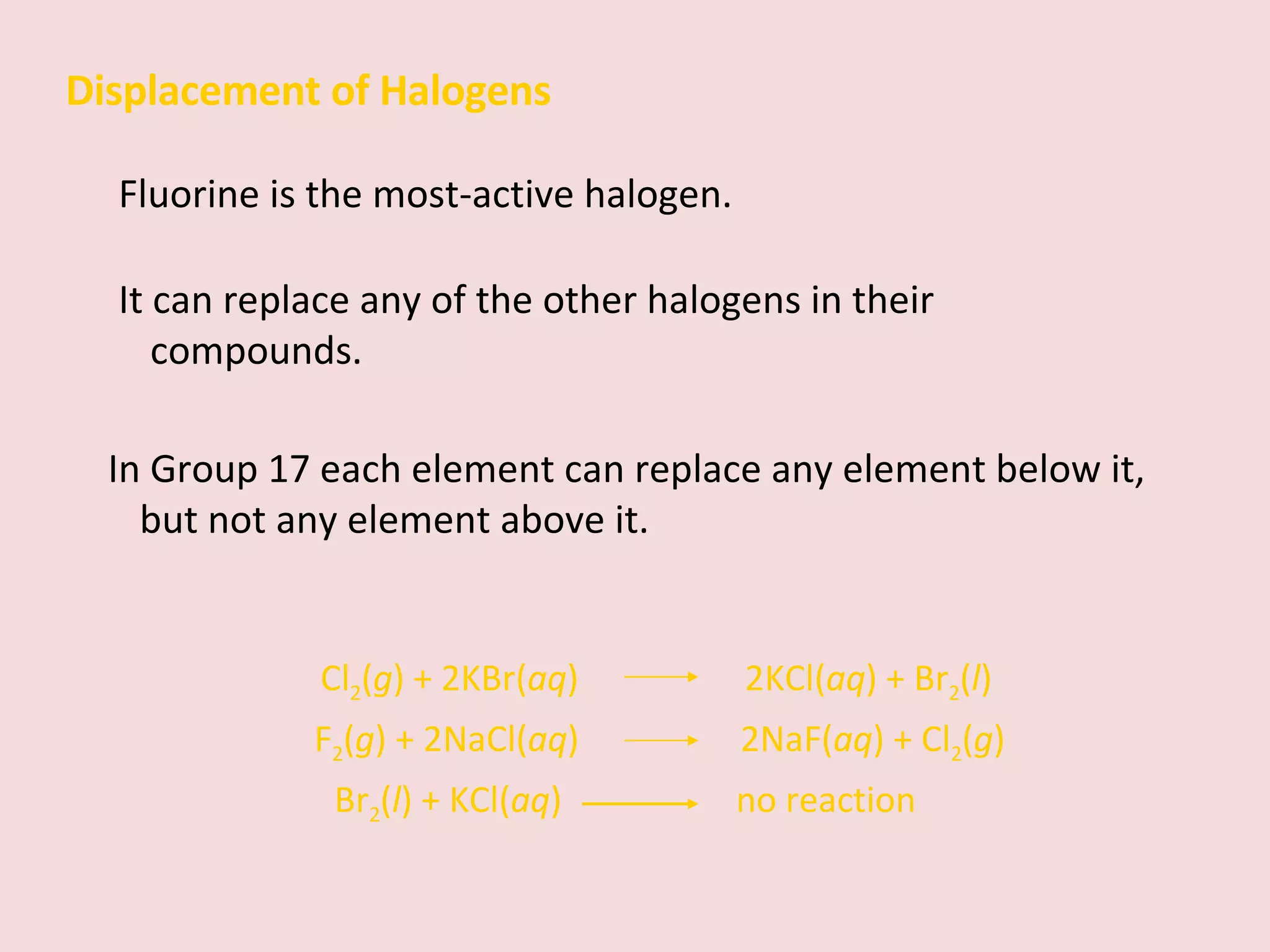 Displacement of Halogens Fluorine is the most-active halogen. It can replace any of the other halogens in their compounds. In Group 17 each element can replace any element below it, but not any element above it. F 2 ( g ) + 2NaCl( aq )    2NaF( aq ) + Cl 2 ( g ) Cl 2 ( g ) + 2KBr( aq )    2KCl( aq ) + Br 2 ( l ) Br 2 ( l ) + KCl( aq )    no reaction     
