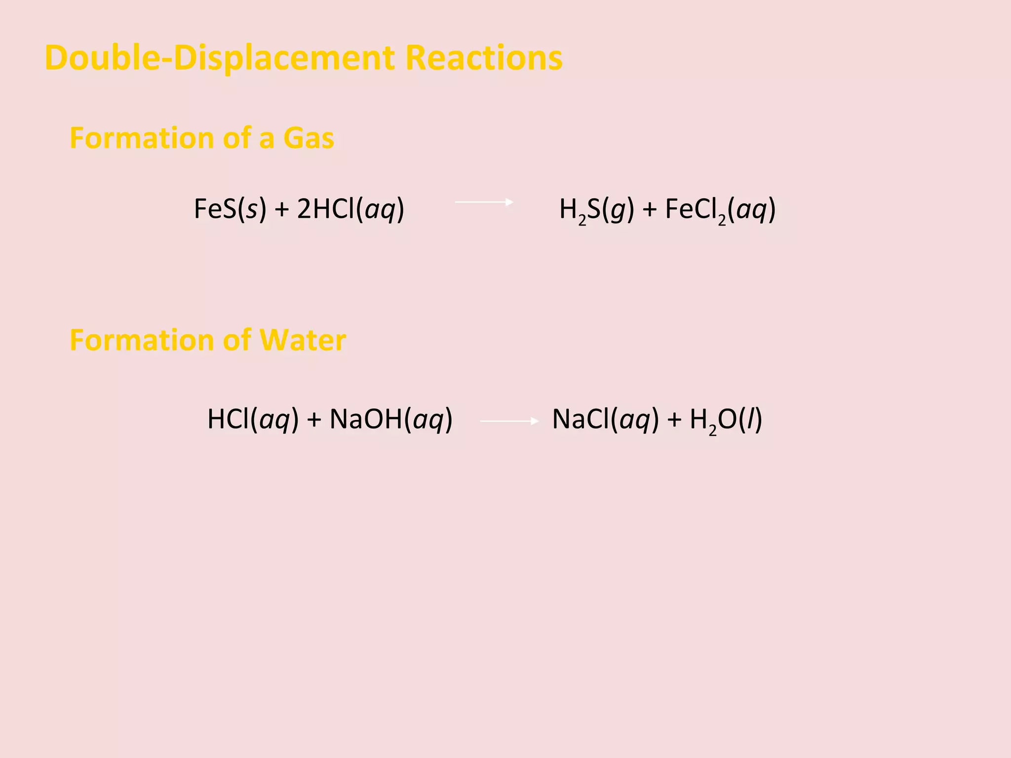 Double-Displacement Reactions Formation of a Gas FeS( s ) + 2HCl( aq )    H 2 S( g ) + FeCl 2 ( aq ) Formation of Water HCl( aq ) + NaOH( aq )    NaCl( aq ) + H 2 O( l ) 