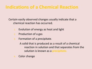 Indications of a Chemical Reaction Certain easily observed changes usually indicate that a chemical reaction has occurred. 1. Evolution of energy as heat and light 2. Production of a gas 3. Formation of a precipitate . A solid that is produced as a result of a chemical reaction in solution and that separates from the solution is known as a   precipitate. 4. Color change 
