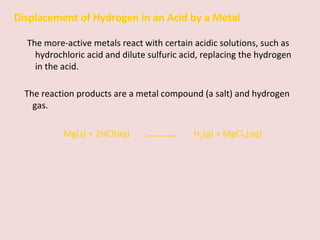 Displacement of Hydrogen in an Acid by a Metal The more-active metals react with certain acidic solutions, such as hydrochloric acid and dilute sulfuric acid, replacing the hydrogen in the acid. The reaction products are a metal compound (a salt) and hydrogen gas. Mg( s ) + 2HCl( aq )   H 2 ( g ) + MgCl 2 ( aq ) 