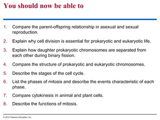 You should now be able to
1.

Compare the parent-offspring relationship in asexual and sexual
reproduction.

2.

Explain why cell division is essential for prokaryotic and eukaryotic life.

3.

Explain how daughter prokaryotic chromosomes are separated from
each other during binary fission.

4.

Compare the structure of prokaryotic and eukaryotic chromosomes.

5.

Describe the stages of the cell cycle.

6.

List the phases of mitosis and describe the events characteristic of each
phase.

7.

Compare cytokinesis in animal and plant cells.

8.

Describe the functions of mitosis.

© 2012 Pearson Education, Inc.

 
