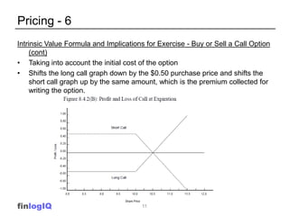 Pricing - 6
Intrinsic Value Formula and Implications for Exercise - Buy or Sell a Call Option
     (cont)
• Taking into account the initial cost of the option
• Shifts the long call graph down by the $0.50 purchase price and shifts the
     short call graph up by the same amount, which is the premium collected for
     writing the option.




finlogIQ                               11
 