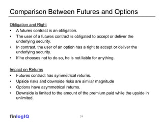 Comparison Between Futures and Options
Obligation and Right
• A futures contract is an obligation.
• The user of a futures contract is obligated to accept or deliver the
   underlying security.
• In contrast, the user of an option has a right to accept or deliver the
   underlying security.
• If he chooses not to do so, he is not liable for anything.

Impact on Returns
• Futures contract has symmetrical returns.
• Upside risks and downside risks are similar magnitude
• Options have asymmetrical returns.
• Downside is limited to the amount of the premium paid while the upside in
   unlimited.



finlogIQ                                24
 