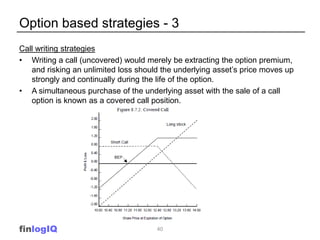 Option based strategies - 3
Call writing strategies
• Writing a call (uncovered) would merely be extracting the option premium,
   and risking an unlimited loss should the underlying asset’s price moves up
   strongly and continually during the life of the option.
• A simultaneous purchase of the underlying asset with the sale of a call
   option is known as a covered call position.




finlogIQ                              40
 
