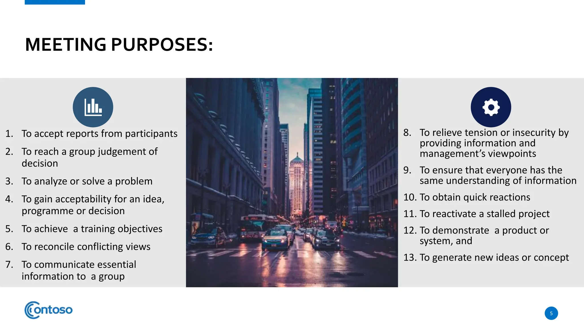 MEETING PURPOSES:
1. To accept reports from participants
2. To reach a group judgement of
decision
3. To analyze or solve a problem
4. To gain acceptability for an idea,
programme or decision
5. To achieve a training objectives
6. To reconcile conflicting views
7. To communicate essential
information to a group
8. To relieve tension or insecurity by
providing information and
management’s viewpoints
9. To ensure that everyone has the
same understanding of information
10. To obtain quick reactions
11. To reactivate a stalled project
12. To demonstrate a product or
system, and
13. To generate new ideas or concept
5
 