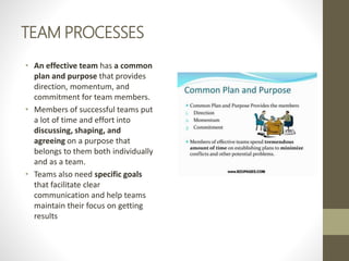 TEAM PROCESSES
• An effective team has a common
plan and purpose that provides
direction, momentum, and
commitment for tea...