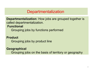 6
Departmentalization
Departmentalization: How jobs are grouped together is
called departmentalization.
Functional
Grouping jobs by functions performed
Product
Grouping jobs by product line
Geographical
Grouping jobs on the basis of territory or geography
 