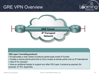 GRE VPN Overview




© 2009 Cisco Learning Institute.   19
 
