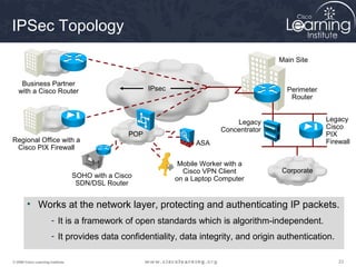 IPSec Topology
                                                                                             Main Site


    Business Partner
   with a Cisco Router                                   IPsec                                 Perimeter
                                                                                                Router


                                                                                  Legacy                   Legacy
                                                                              Concentrator                 Cisco
                                                   POP                                                     PIX
Regional Office with a                                                 ASA                                 Firewall
 Cisco PIX Firewall

                                                                  Mobile Worker with a
                                                                   Cisco VPN Client          Corporate
                                   SOHO with a Cisco             on a Laptop Computer
                                    SDN/DSL Router


        • Works at the network layer, protecting and authenticating IP packets.
                       - It is a framework of open standards which is algorithm-independent.
                       - It provides data confidentiality, data integrity, and origin authentication.

© 2009 Cisco Learning Institute.                                                                               23
 