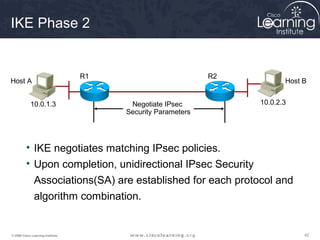 IKE Phase 2


                                   R1                         R2
Host A                                                                    Host B


            10.0.1.3                     Negotiate IPsec           10.0.2.3
                                        Security Parameters




          • IKE negotiates matching IPsec policies.
          • Upon completion, unidirectional IPsec Security
            Associations(SA) are established for each protocol and
            algorithm combination.


© 2009 Cisco Learning Institute.                                               42
 