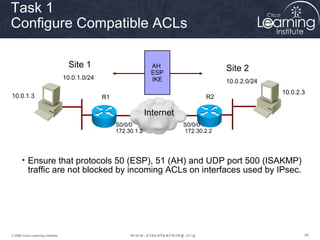 Task 1
Configure Compatible ACLs

                                     Site 1                         AH                     Site 2
                                                                    ESP
                                   10.0.1.0/24                      IKE                    10.0.2.0/24
                                                                                                         10.0.2.3
10.0.1.3                                         R1                                  R2

                                                                   Internet
                                                      S0/0/0                  S0/0/0
                                                      172.30.1.2              172.30.2.2




       • Ensure that protocols 50 (ESP), 51 (AH) and UDP port 500 (ISAKMP)
         traffic are not blocked by incoming ACLs on interfaces used by IPsec.




© 2009 Cisco Learning Institute.                                                                                45
 