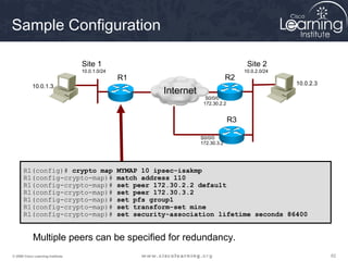 Sample Configuration

                                   Site 1                                                  Site 2
                                   10.0.1.0/24                                            10.0.2.0/24
                                                 R1                                 R2
                                                                                                        10.0.2.3
            10.0.1.3
                                                            Internet
                                                                         S0/0/0
                                                                        172.30.2.2


                                                                                     R3

                                                                       S0/0/0
                                                                       172.30.3.2




      R1(config)# crypto map                     MYMAP 10 ipsec-isakmp
      R1(config-crypto-map)#                     match address 110
      R1(config-crypto-map)#                     set peer 172.30.2.2 default
      R1(config-crypto-map)#                     set peer 172.30.3.2
      R1(config-crypto-map)#                     set pfs group1
      R1(config-crypto-map)#                     set transform-set mine
      R1(config-crypto-map)#                     set security-association lifetime seconds 86400


            Multiple peers can be specified for redundancy.
© 2009 Cisco Learning Institute.                                                                                   62
 