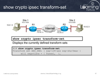 show crypto ipsec transform-set

                                    Site 1                                                   Site 2
                                   10.0.1.0/24                                              10.0.2.0/24
       10.0.1.3                                  R1                                    R2
                                                                                                          10.0.2.3
                                                                   Internet
                                                      S0/0/0                   S0/0/0
                                                      172.30.1.2              172.30.2.2



                   show crypto ipsec transform-set
                   Displays the currently defined transform sets
                    R1# show crypto ipsec transform-set
                    Transform set AES_SHA: { esp-128-aes esp-sha-hmac }
                          will negotiate = { Tunnel, },




© 2009 Cisco Learning Institute.                                                                                     67
 