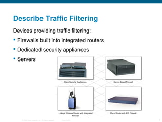Describe Traffic Filtering
Devices providing traffic filtering:
 Firewalls built into integrated routers
 Dedicated secu...