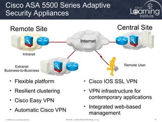 161616© 2009 Cisco Learning Institute.
Cisco ASA 5500 Series Adaptive
Security Appliances
• Flexible platform
• Resilient clustering
• Cisco Easy VPN
• Automatic Cisco VPN
• Cisco IOS SSL VPN
• VPN infrastructure for
contemporary applications
• Integrated web-based
management
Extranet
Business-to-Business
Intranet
Remote User
Remote Site Central Site
Internet
 