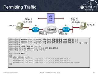 464646© 2009 Cisco Learning Institute.
R1(config)# access-list 102 permit ahp host 172.30.2.2 host 172.30.1.2
R1(config)# access-list 102 permit esp host 172.30.2.2 host 172.30.1.2
R1(config)# access-list 102 permit udp host 172.30.2.2 host 172.30.1.2 eq isakmp
R1(config)#
R1(config)# interface Serial0/0/0
R1(config-if)# ip address 172.30.1.2 255.255.255.0
R1(config-if)# ip access-group 102 in
!
R1(config)# exit
R1#
R1# show access-lists
access-list 102 permit ahp host 172.30.2.2 host 172.30.1.2
access-list 102 permit esp host 172.30.2.2 host 172.30.1.2
access-list 102 permit udp host 172.30.2.2 host 172.30.1.2 eq isakmp
R1#
AH
ESP
IKESite 1 Site 2
10.0.1.3 10.0.2.3R1 R2
Internet
S0/0/0
172.30.1.2
S0/0/0
172.30.2.2
10.0.1.0/2
4
10.0.2.0/24
Permitting Traffic
 