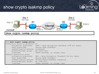 666666© 2009 Cisco Learning Institute.
show crypto isakmp policy
R1# show crypto isakmp policy
Protection suite of priority 110
encryption algorithm: 3DES - Data Encryption Standard (168 bit keys).
hash algorithm: Secure Hash Standard
authentication method: preshared
Diffie-Hellman group: #2 (1024 bit)
lifetime: 86400 seconds, no volume limit
Default protection suite
encryption algorithm: DES - Data Encryption Standard (56 bit keys).
hash algorithm: Secure Hash Standard
authentication method: Rivest-Shamir-Adleman Signature
Diffie-Hellman group: #1 (768 bit)
lifetime: 86400 seconds, no volume limit
router#
show crypto isakmp policy
10.0.1.3
10.0.2.3
R1 R2
Internet
10.0.1.0/24
Site 1
10.0.2.0/24
Site 2
S0/0/0
172.30.1.2
S0/0/0
172.30.2.2
 
