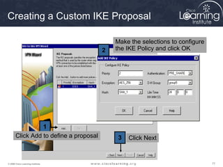 777777© 2009 Cisco Learning Institute.
Creating a Custom IKE Proposal
1
2
3Click Add to define a proposal
Make the selections to configure
the IKE Policy and click OK
Click Next
 
