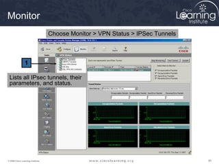 858585© 2009 Cisco Learning Institute.
Lists all IPsec tunnels, their
parameters, and status.
1
Monitor
Choose Monitor > VPN Status > IPSec Tunnels
 
