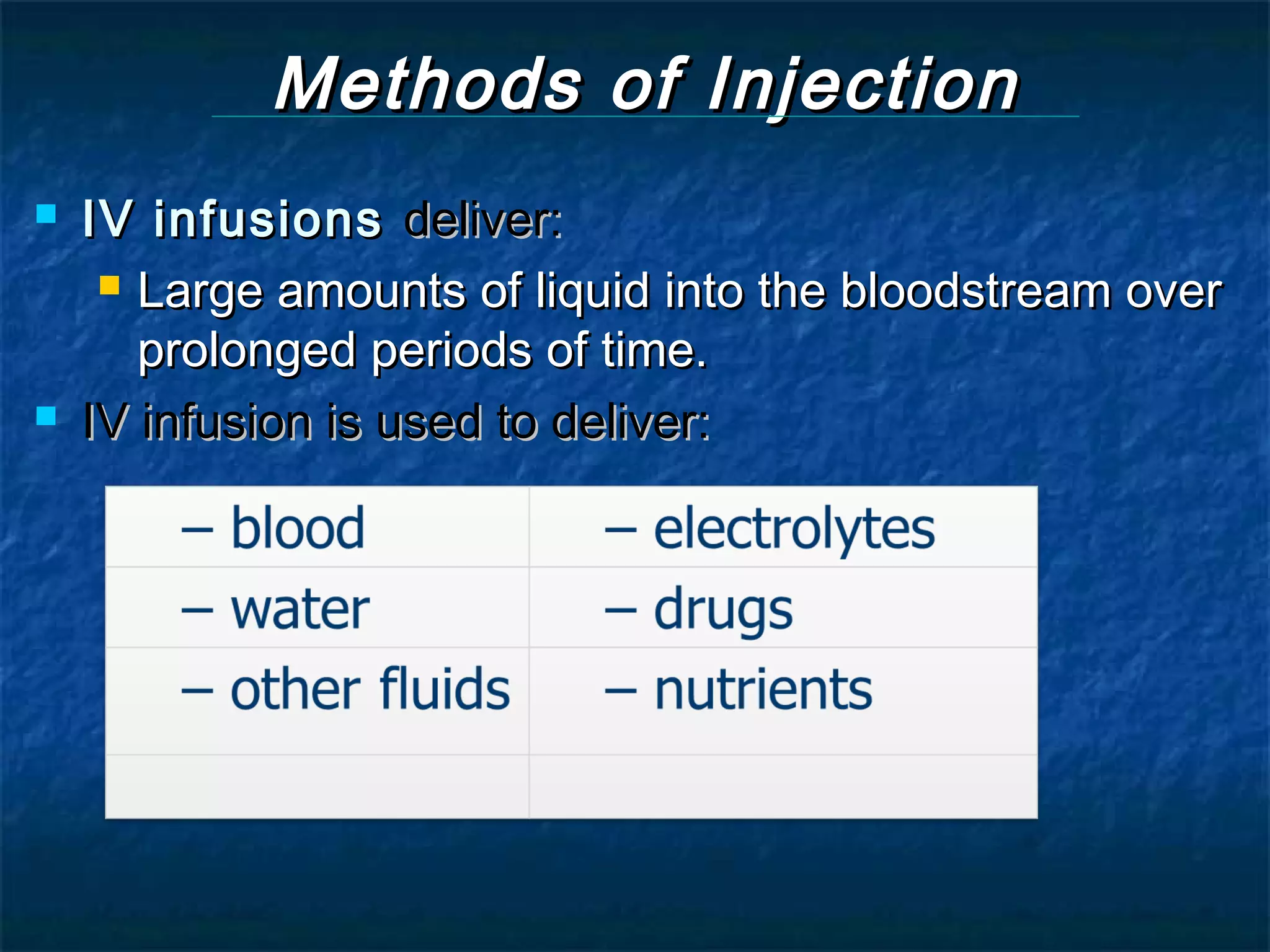 Methods of Injection
   IV infusions deliver:
      Large amounts of liquid into the bloodstream over

       prolonged periods of time.
   IV infusion is used to deliver:
 