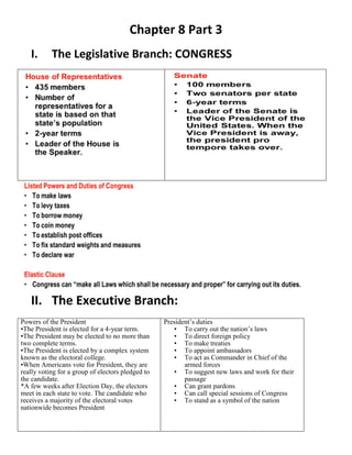 Chapter 8 Part 3
   I.      The Legislative Branch: CONGRESS




   II. The Executive Branch:
Powers of the President                            President’s duties
•The President is elected for a 4-year term.          • To carry out the nation’s laws
•The President may be elected to no more than         • To direct foreign policy
two complete terms.                                   • To make treaties
•The President is elected by a complex system         • To appoint ambassadors
known as the electoral college.                       • To act as Commander in Chief of the
•When Americans vote for President, they are              armed forces
really voting for a group of electors pledged to      • To suggest new laws and work for their
the candidate.                                            passage
*A few weeks after Election Day, the electors         • Can grant pardons
meet in each state to vote. The candidate who         • Can call special sessions of Congress
receives a majority of the electoral votes            • To stand as a symbol of the nation
nationwide becomes President
 