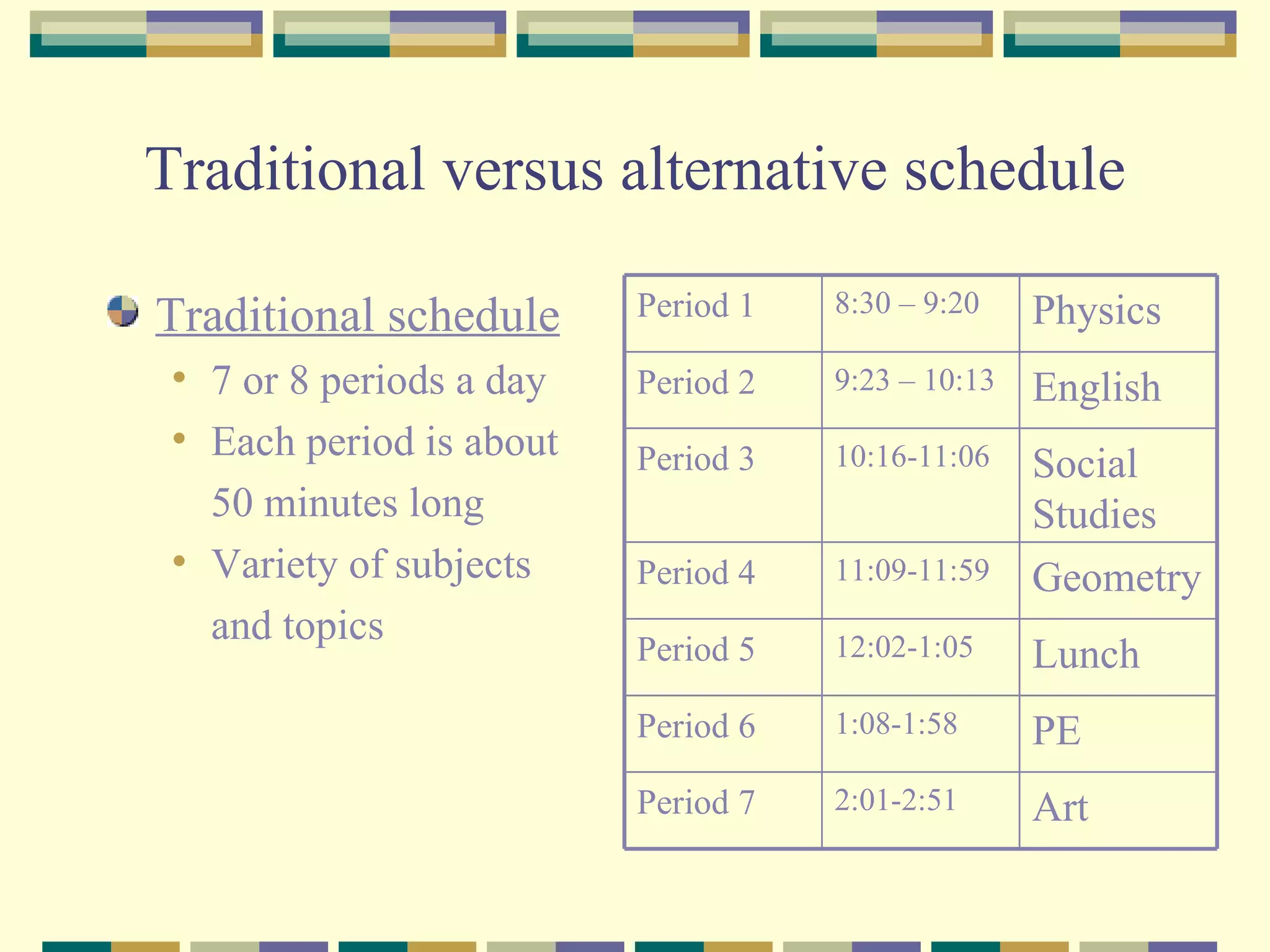 Traditional versus alternative schedule Traditional schedule 7 or 8 periods a day Each period is about  50 minutes long Variety of subjects  and topics Art 2:01-2:51 Period 7 PE 1:08-1:58 Period 6 Lunch  12:02-1:05 Period 5 Geometry 11:09-11:59 Period 4 Social Studies 10:16-11:06 Period 3 English 9:23 – 10:13 Period 2 Physics 8:30 – 9:20 Period 1 