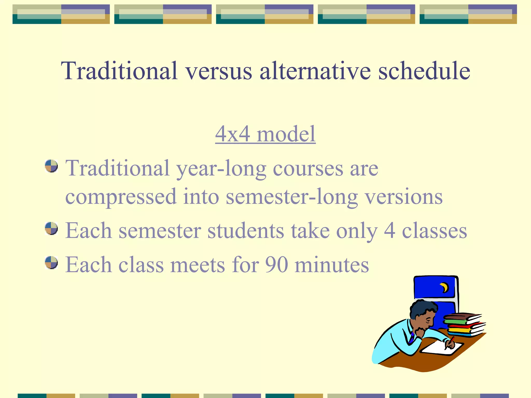 Traditional versus alternative schedule 4x4 model Traditional year-long courses are compressed into semester-long versions Each semester students take only 4 classes Each class meets for 90 minutes 