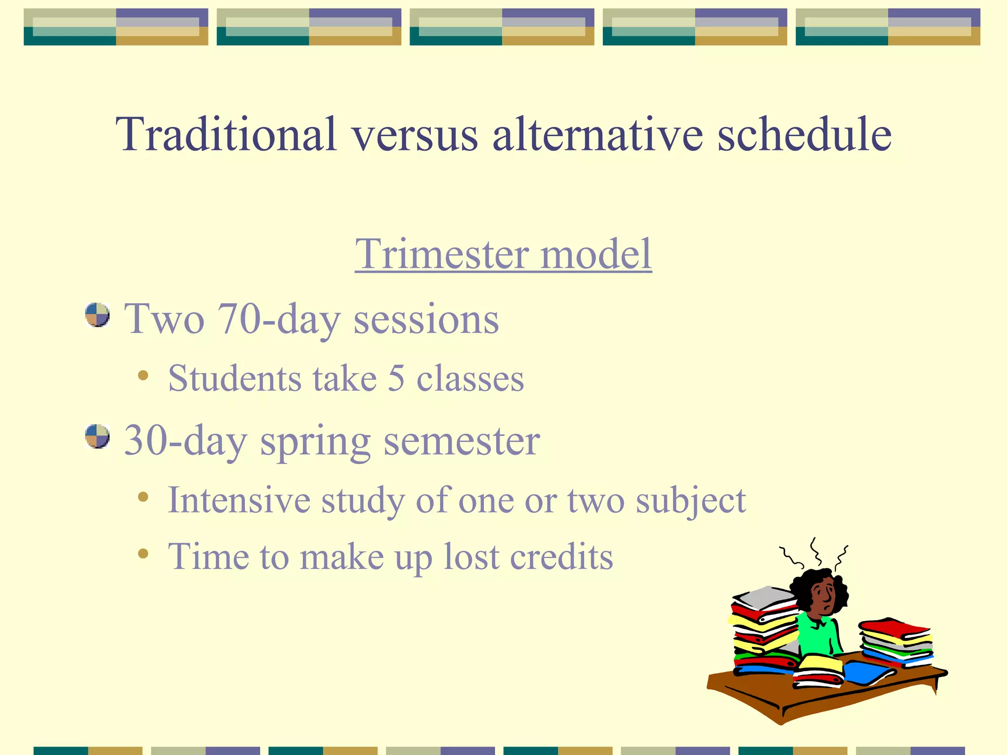 Traditional versus alternative schedule Trimester model Two 70-day sessions  Students take 5 classes 30-day spring semester Intensive study of one or two subject Time to make up lost credits 