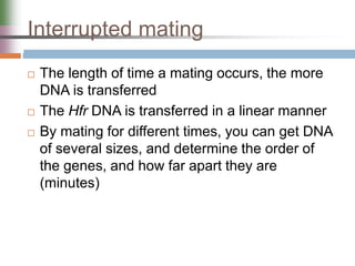 Interrupted mating
 The length of time a mating occurs, the more
DNA is transferred
 The Hfr DNA is transferred in a linear manner
 By mating for different times, you can get DNA
of several sizes, and determine the order of
the genes, and how far apart they are
(minutes)
 