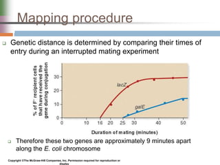 Mapping procedure
 Genetic distance is determined by comparing their times of
entry during an interrupted mating experiment
 Therefore these two genes are approximately 9 minutes apart
along the E. coli chromosome
Copyright ©The McGraw-Hill Companies, Inc. Permission required for reproduction or
display
 